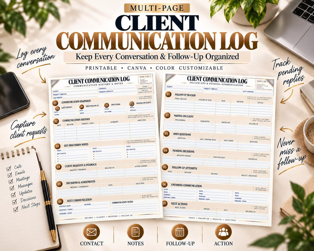 Two-page Client Communication Log template preview showing communication history and follow-up worksheets