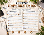 Two-page Client Communication Log template preview showing communication history and follow-up worksheets