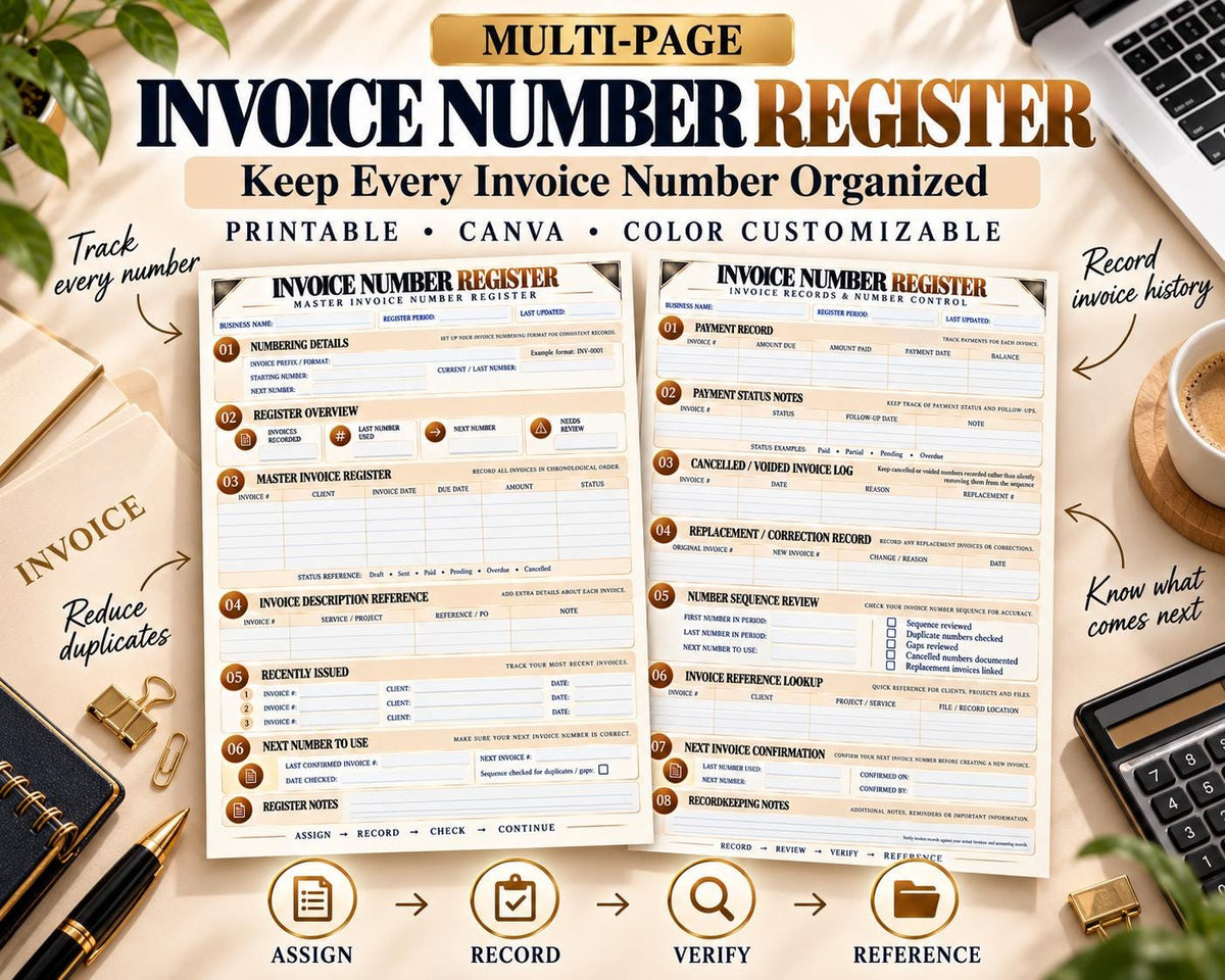 Invoice Number Register Canva worksheet preview
