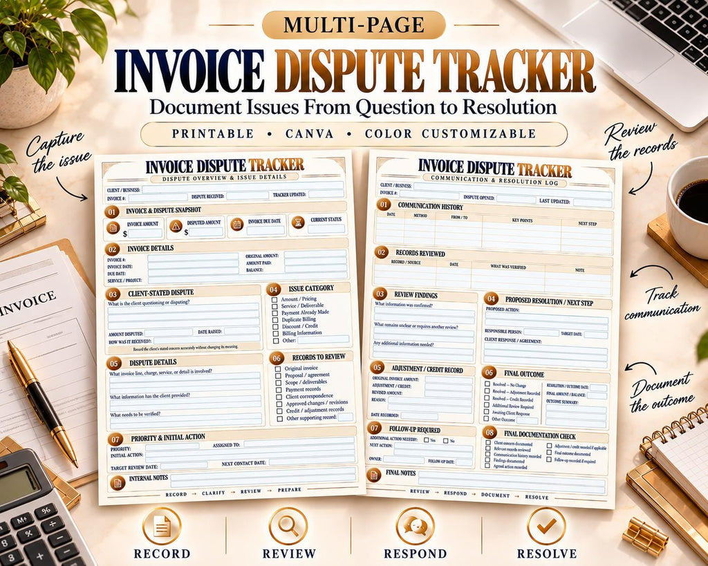Invoice Dispute Tracker Canva worksheet preview