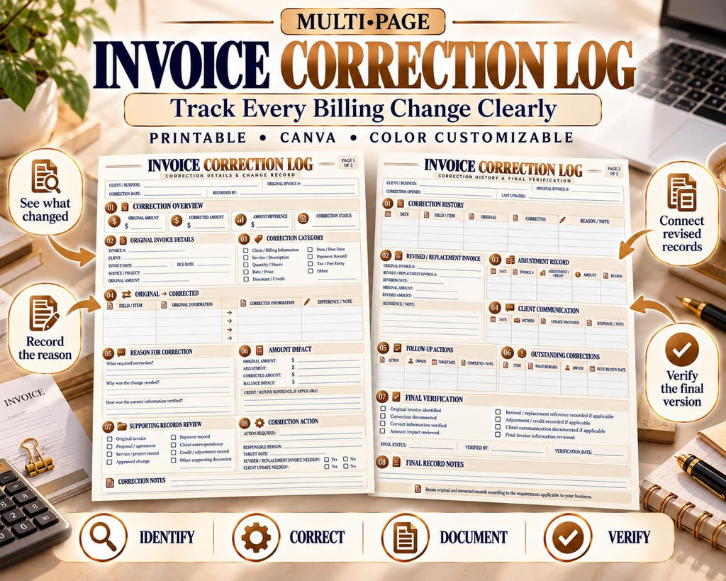 Invoice Correction Log Canva worksheet preview