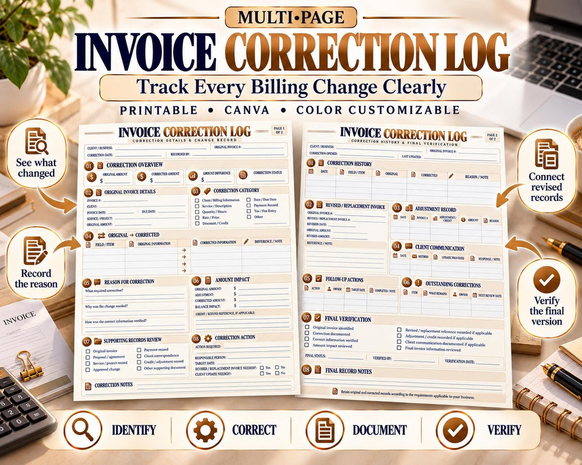 Invoice Correction Log Canva worksheet preview