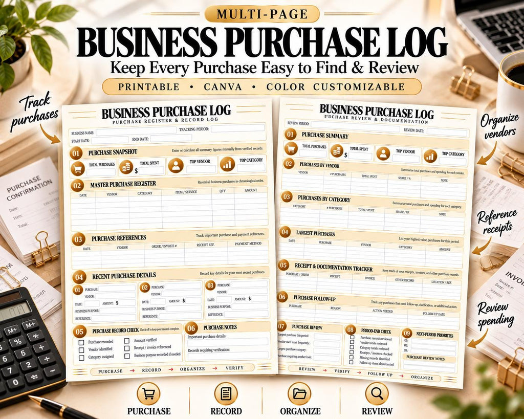 Business Purchase Log Canva worksheet preview