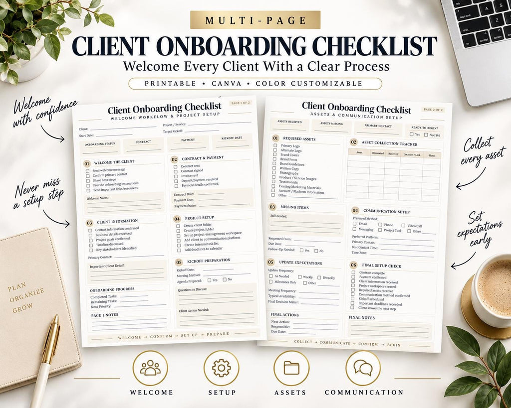 Preview of Multi-Page Client Onboarding Checklist digital Canva worksheet template