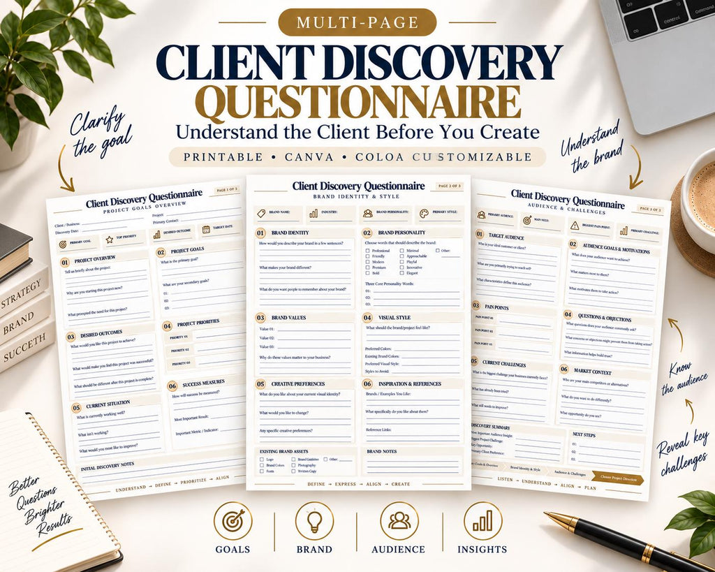 Preview of Multi-Page Client Discovery Questionnaire digital Canva worksheet template