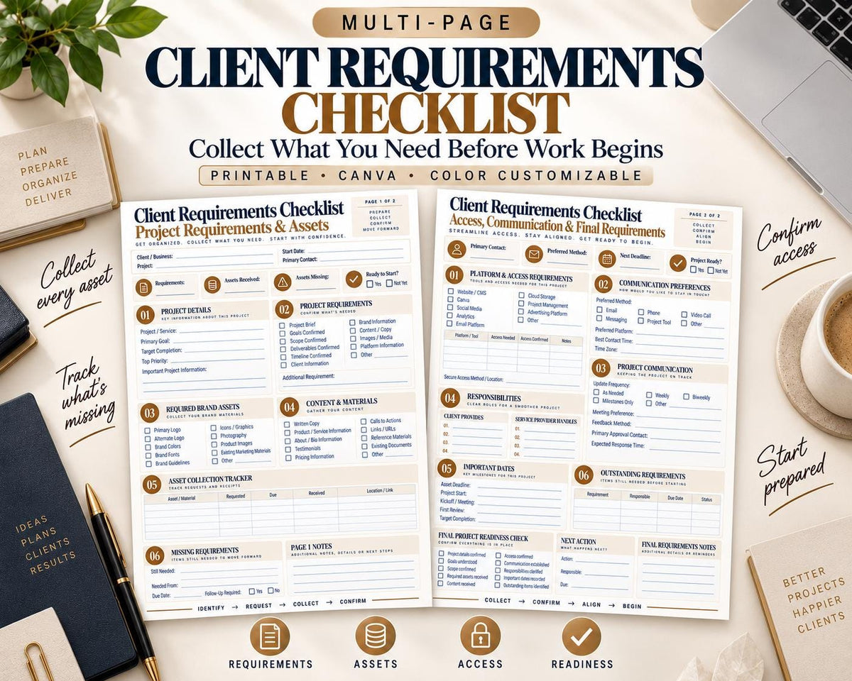 Preview of Multi-Page Client Requirements Checklist digital Canva worksheet template