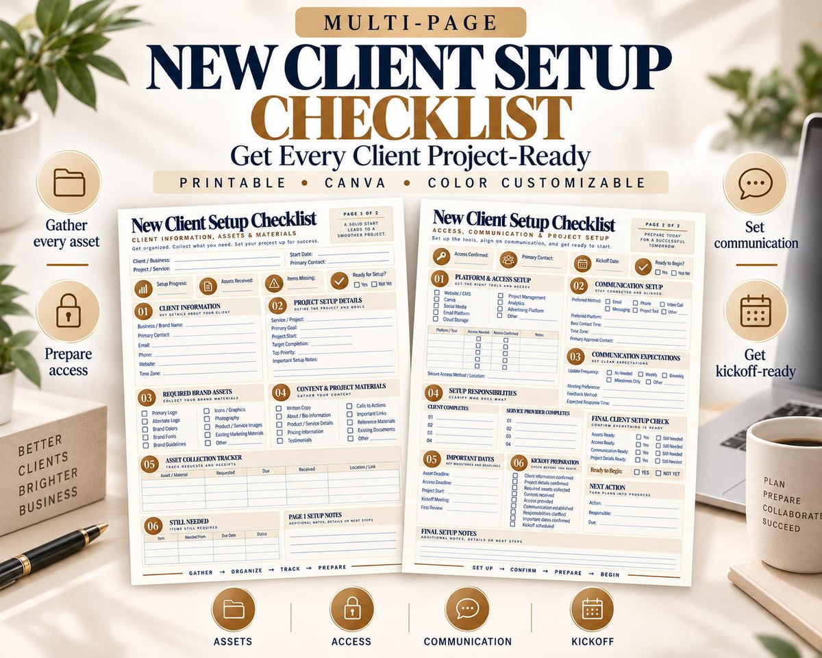 Preview of Multi-Page New Client Setup Checklist digital Canva worksheet template