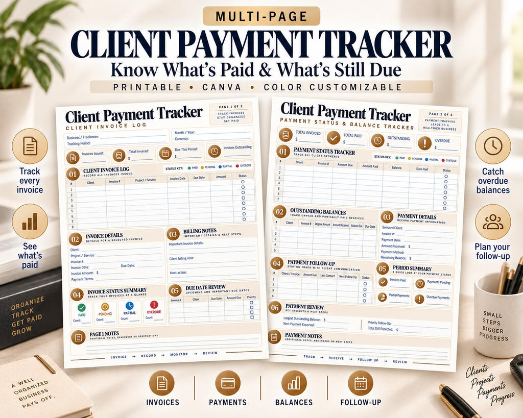 Preview of Multi-Page Client Payment Tracker digital Canva worksheet template