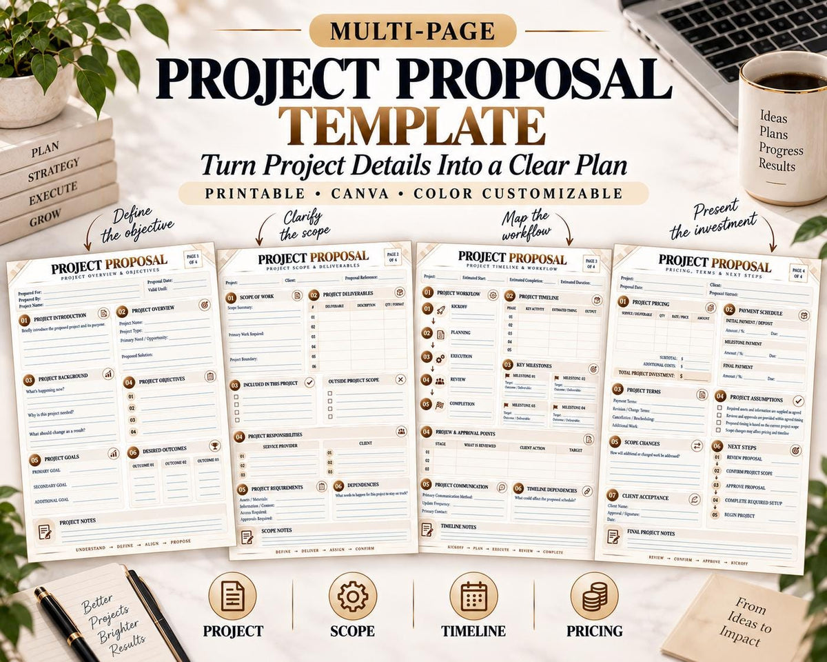 Preview of Multi-Page Project Proposal Template digital Canva worksheet template
