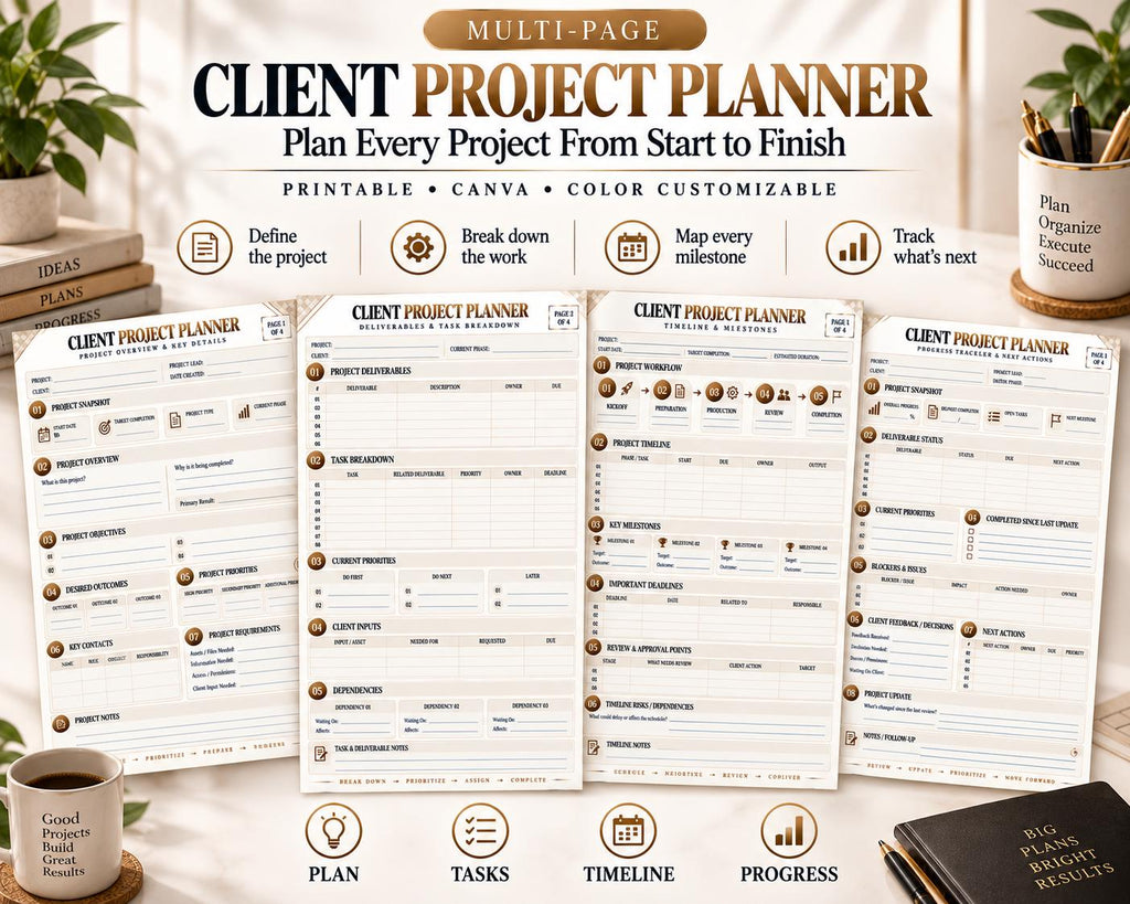 Preview of Multi-Page Client Project Planner digital Canva worksheet template