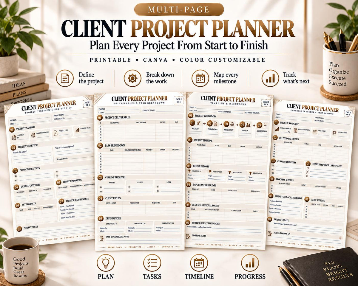 Preview of Multi-Page Client Project Planner digital Canva worksheet template