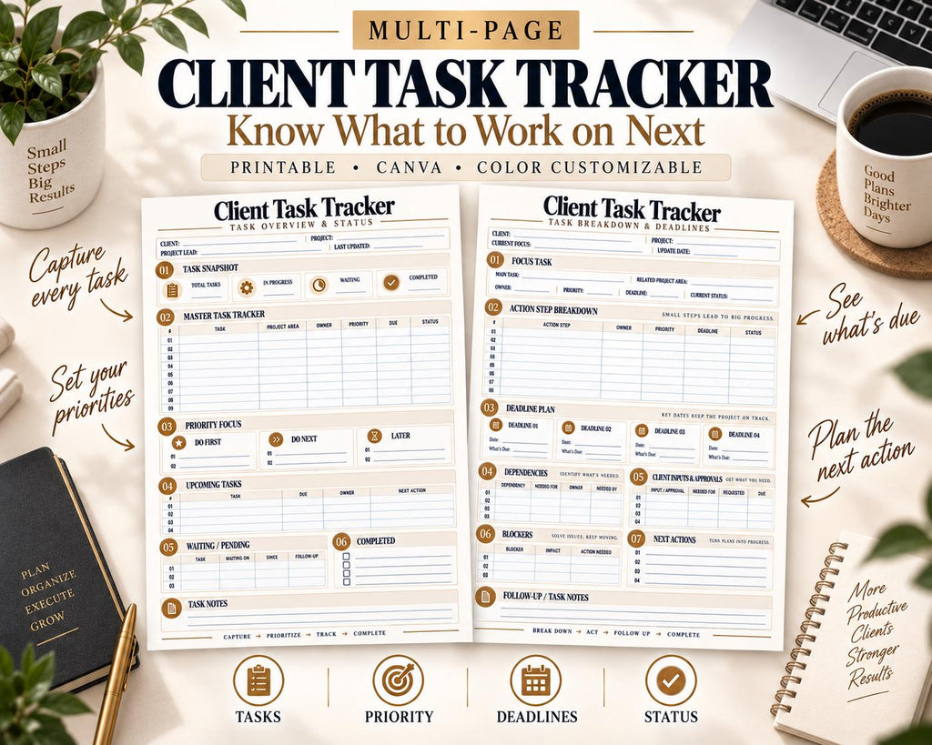 Preview of Multi-Page Client Task Tracker digital Canva worksheet template