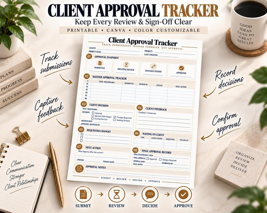 Preview of Client Approval Tracker digital Canva worksheet template