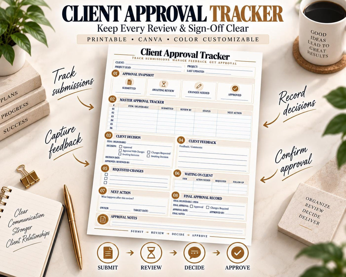 Preview of Client Approval Tracker digital Canva worksheet template