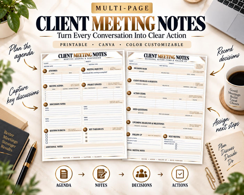 Preview of Multi-Page Client Meeting Notes digital Canva worksheet template