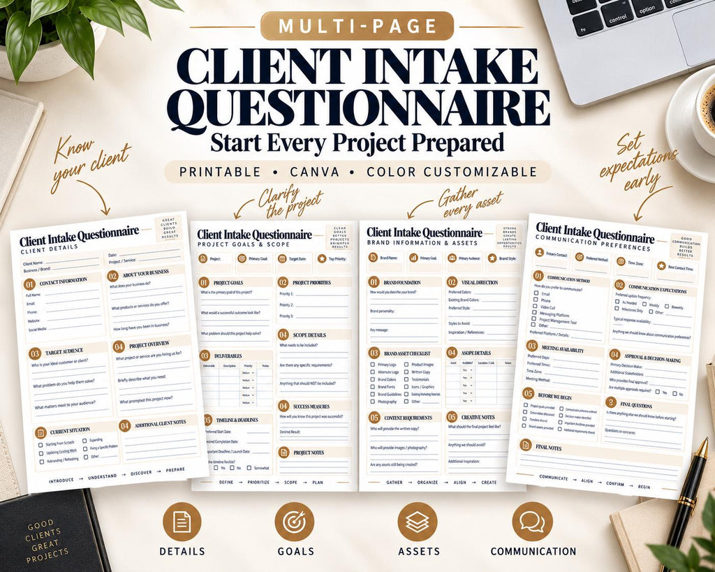 Preview of Multi-Page Client Intake Questionnaire digital Canva worksheet template