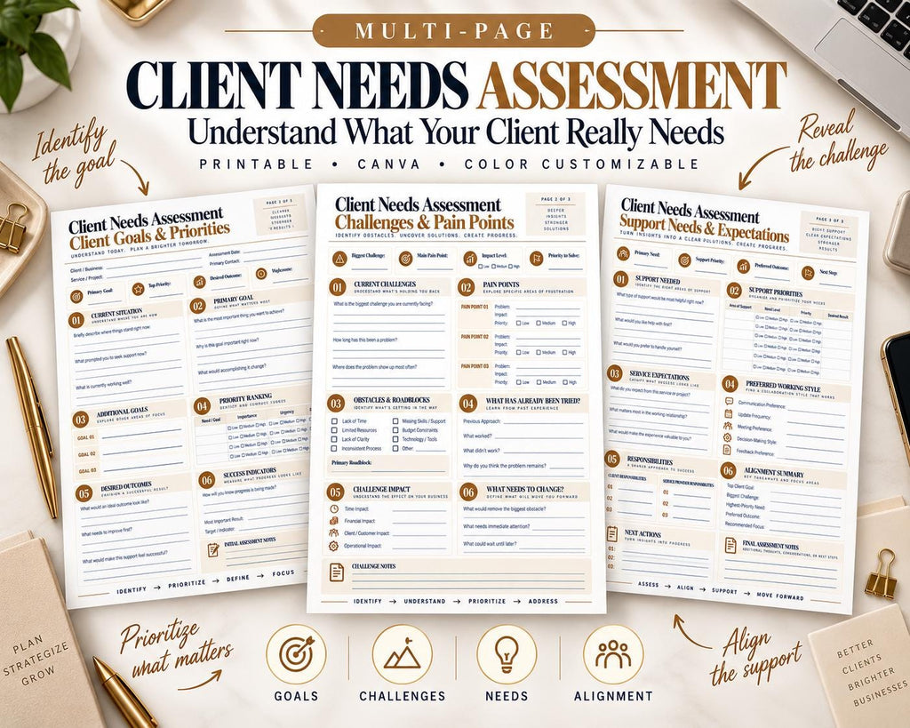 Preview of Multi-Page Client Needs Assessment digital Canva worksheet template