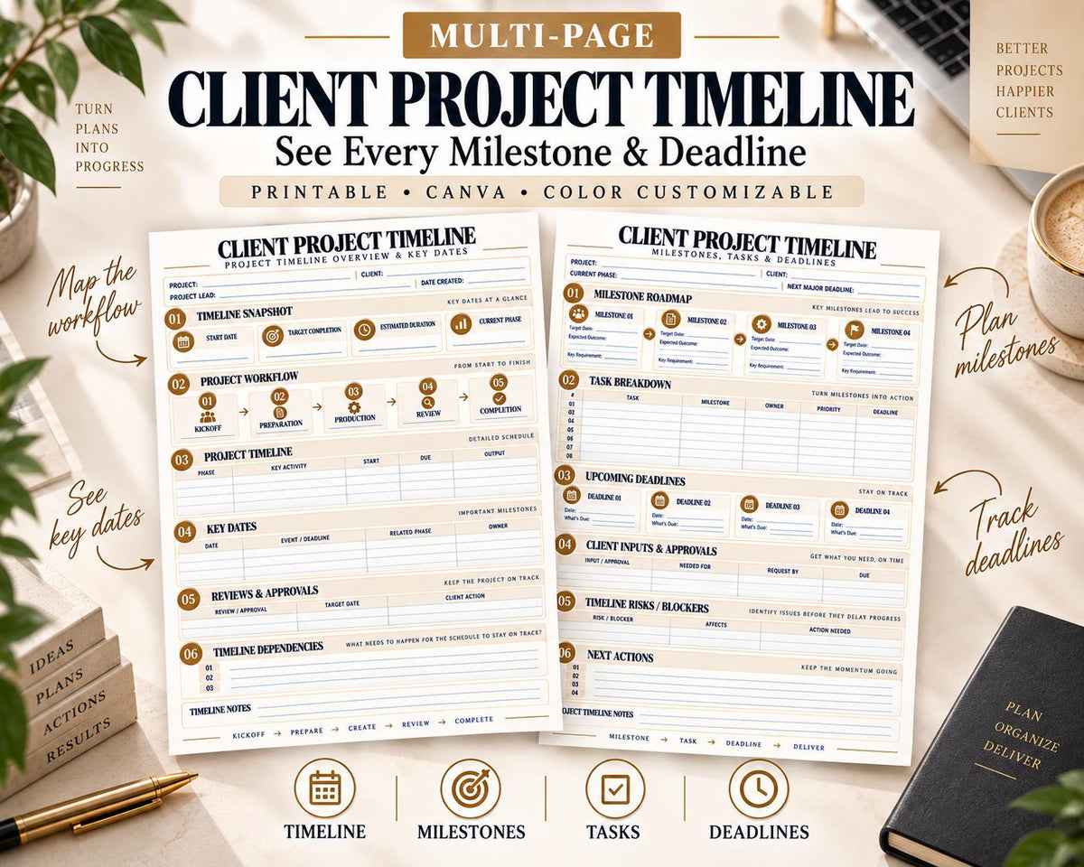 Preview of Multi-Page Client Project Timeline digital Canva worksheet template