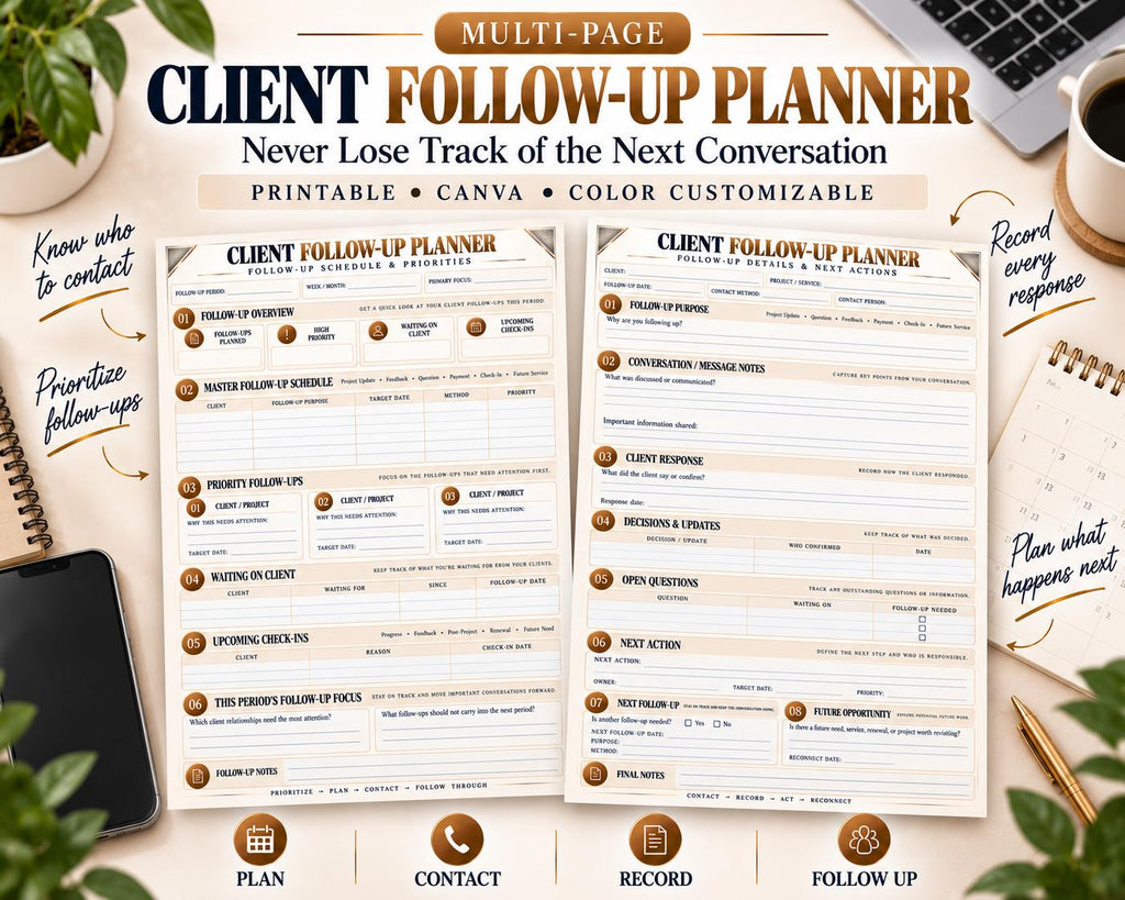 Preview of Multi-Page Client Follow-Up Planner digital Canva worksheet template