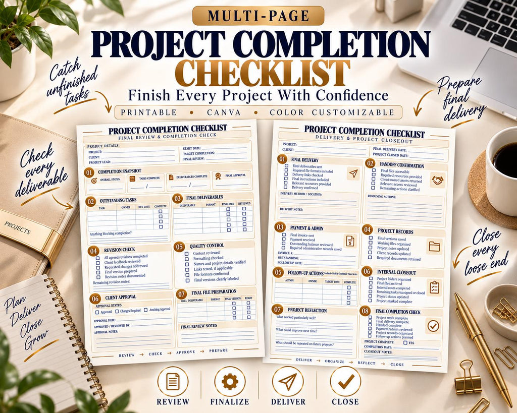 Preview of Multi-Page Project Completion Checklist digital Canva worksheet template