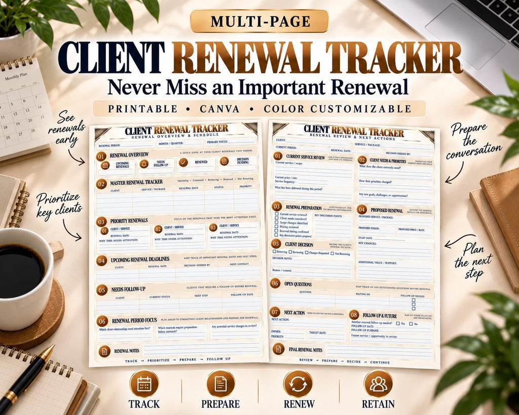 Preview of Multi-Page Client Renewal Tracker digital Canva worksheet template