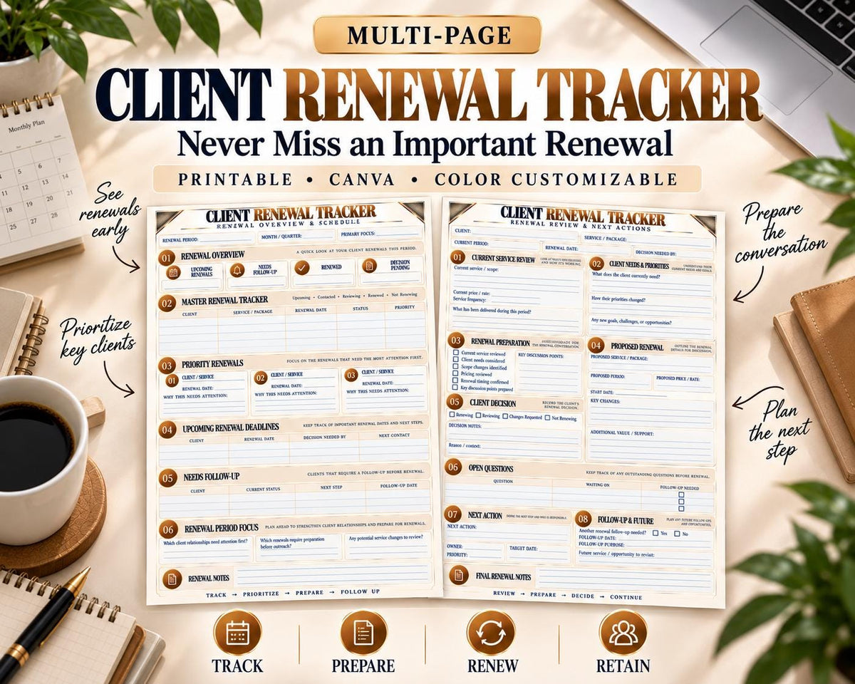 Preview of Multi-Page Client Renewal Tracker digital Canva worksheet template