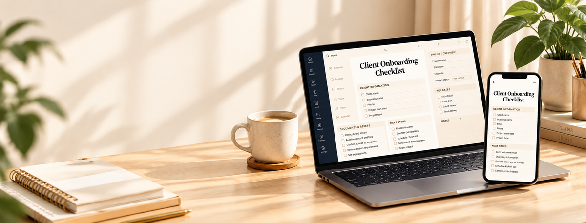 ZbyVex Client Onboarding Checklist displayed on a laptop and phone in a warm workspace