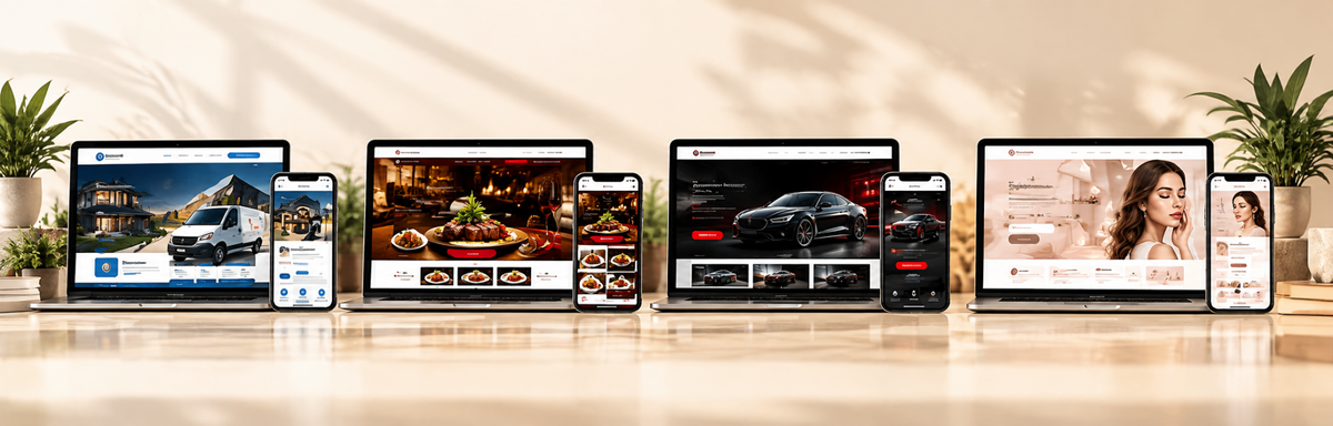 Design examples with distinct blue home services, warm restaurant, dark automotive, and soft beauty branding