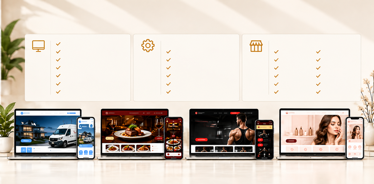 Three feature panels with gold icons and checkmarks above home services, restaurant, fitness, and beauty website examples