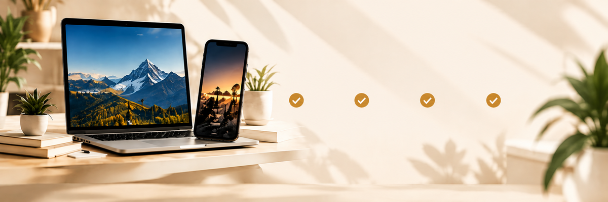 Laptop and smartphone beside plants with open space and four gold checkmark icons