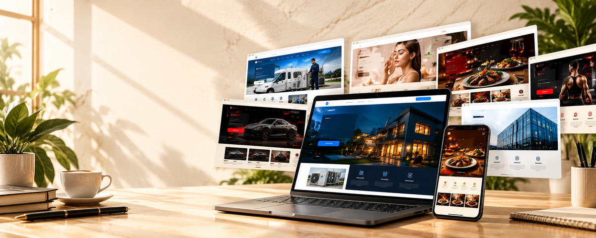 Custom website concepts for different businesses shown on a laptop and phone in a warm workspace